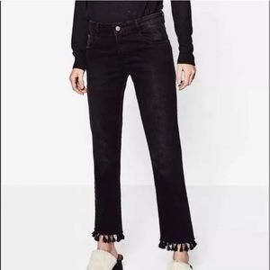 ❤️ Zara Trafuluc Denim High waisted tassel hem Jeans Size 8
